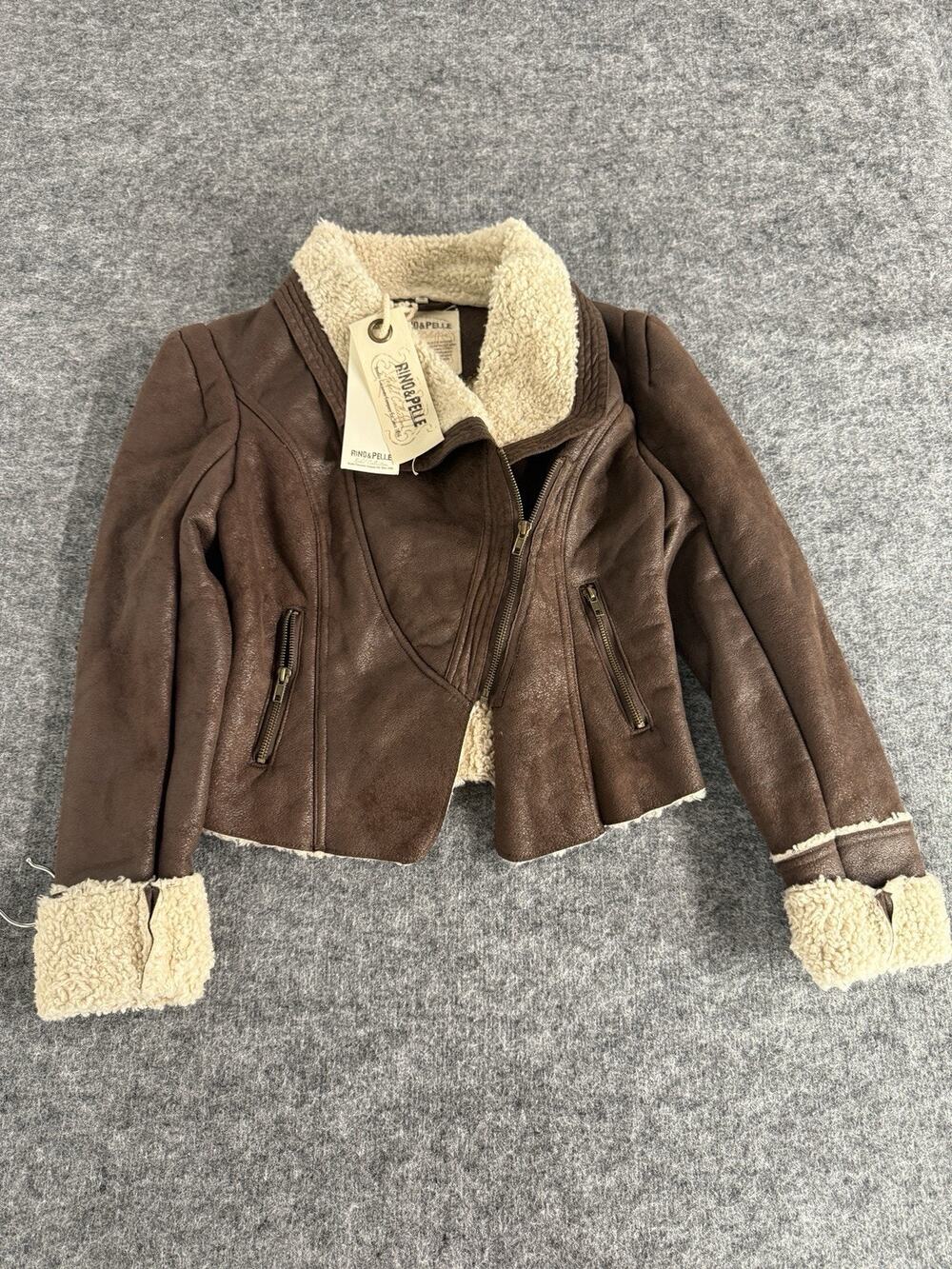 RINO & PELLE Jacket Women Small 38 Brown Sherpa Lined Coated Cropped Biker N311